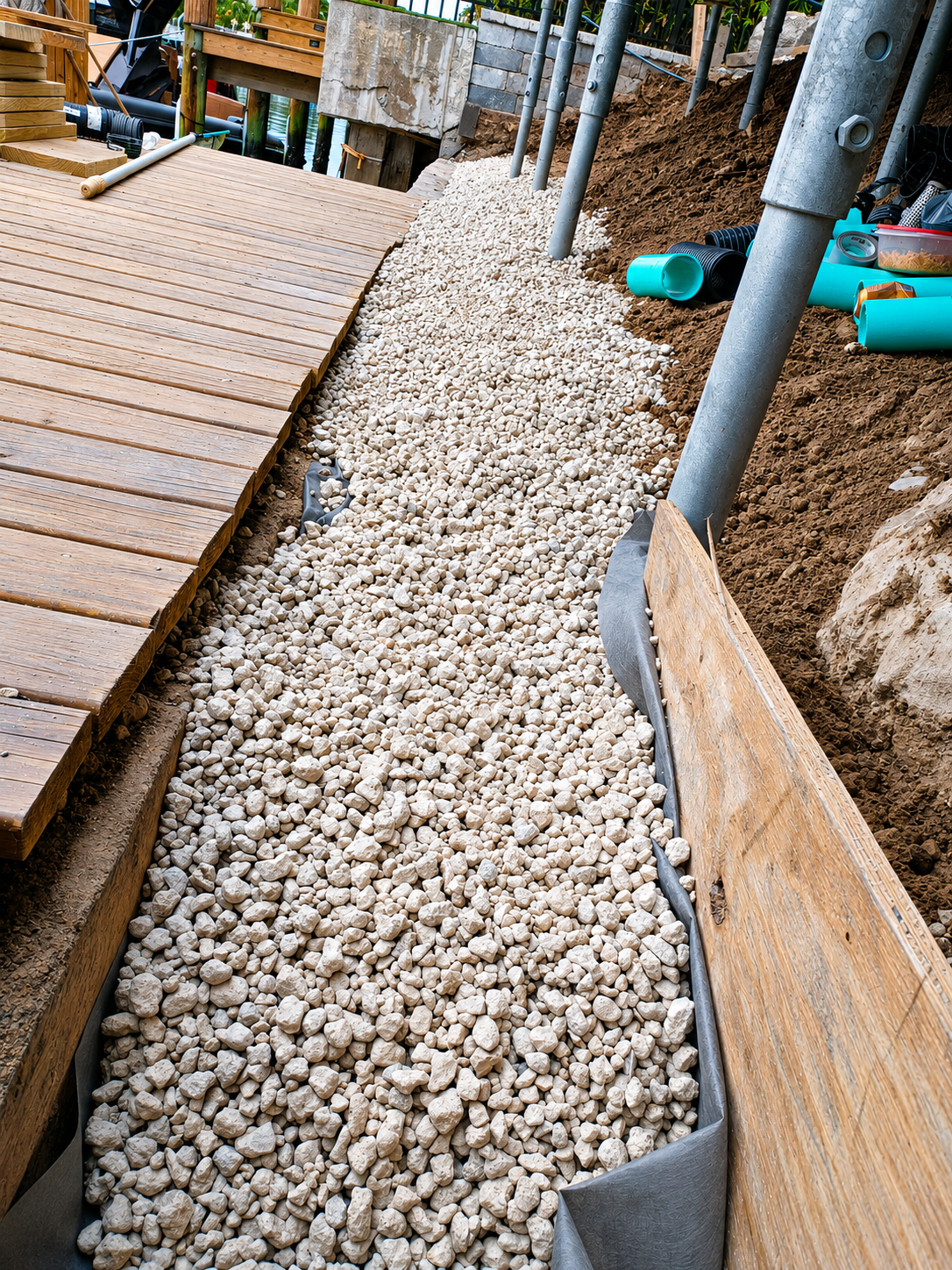 Seawall drainage aggregate installation with gravel backfill